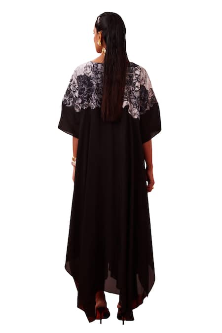 Garima Bindal Black Crepe Embroidery Round Neck Flower Applique Yoke Dress at Aza Fashions Garima Bindal_Black Crepe Embroidery Round Neck Flower Applique Yoke Dress _at_Aza_Fashions