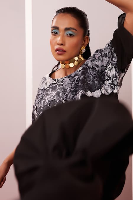 Buy Garima Bindal Black Crepe Embroidery Round Neck Flower Applique Yoke Dress Buy_Garima Bindal_Black Crepe Embroidery Round Neck Flower Applique Yoke Dress