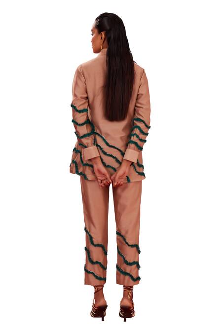 Garima Bindal_Beige Pure Chanderi Applique Ruffle Panel Collared Contrast Shirt With Pant _at_Aza_Fashions