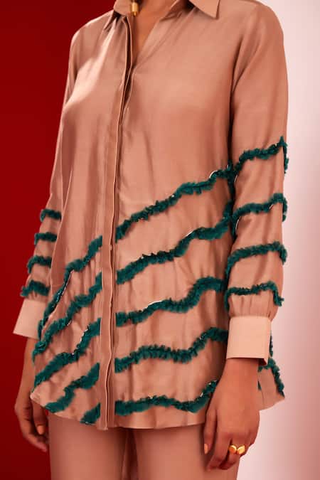 Buy_Garima Bindal_Beige Pure Chanderi Applique Ruffle Panel Collared Contrast Shirt With Pant 