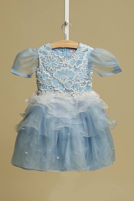 STELLA ROSSA BY LES PETITS_Blue Organza Pearls, Sequins Cinderella Embellished Lace Ruffle Dress_Online_at_Aza_Fashions