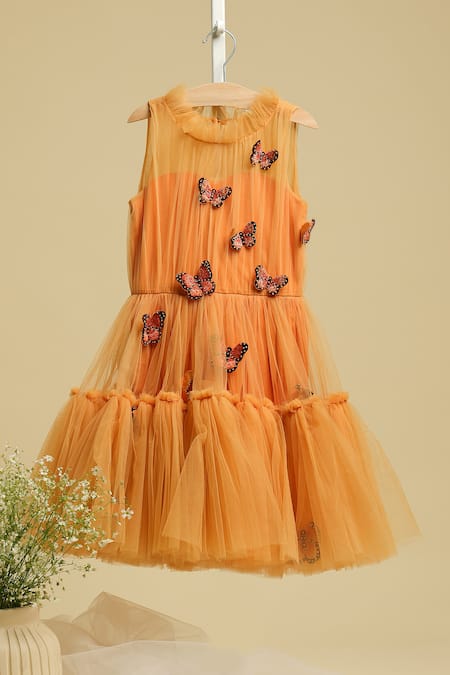 STELLA ROSSA BY LES PETITS Orange Soft Net Embellished Butterfly Applique Ruffle Dress  