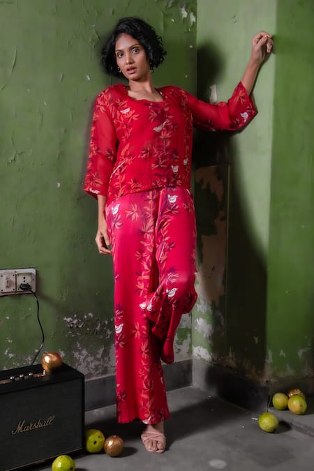 Shop_Amrood_Pink Satin Embroidery V-neck Floral Bird Tunic Pant Set _at_Aza_Fashions