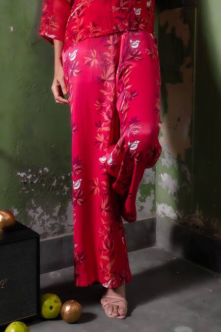 Amrood_Pink Satin Embroidery V-neck Floral Bird Tunic Pant Set _Online_at_Aza_Fashions