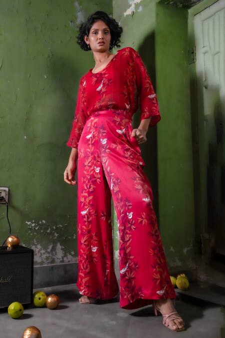 Shop_Amrood_Pink Satin Embroidery V-neck Floral Pattern Sheer Shirt Tunic _at_Aza_Fashions