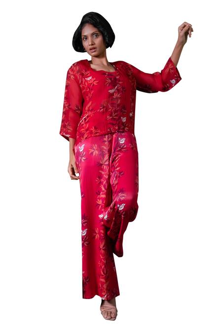 Amrood_Pink Satin Embroidery V-neck Floral Pattern Sheer Shirt Tunic _Online_at_Aza_Fashions