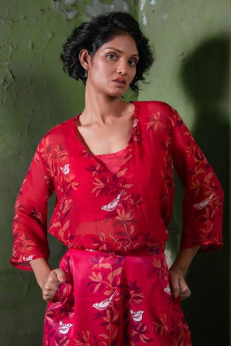 Buy_Amrood_Pink Satin Embroidery V-neck Floral Pattern Sheer Shirt Tunic _Online_at_Aza_Fashions