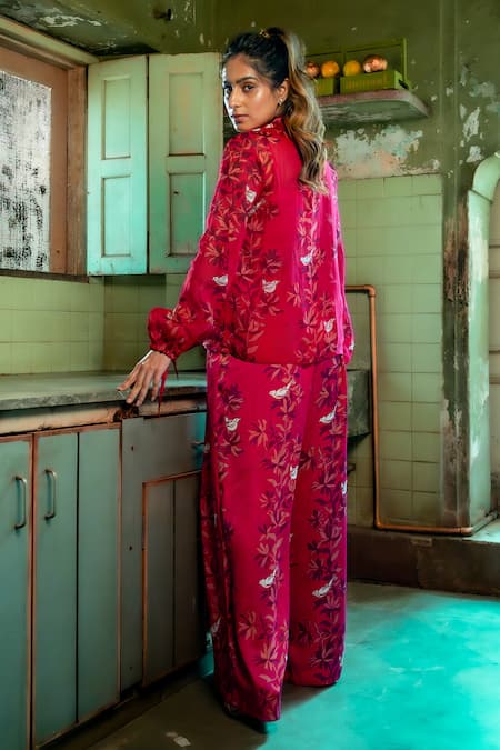 Shop_Amrood_Pink Satin Embroidery Collared Floral Pattern Shirt Pant Set _at_Aza_Fashions