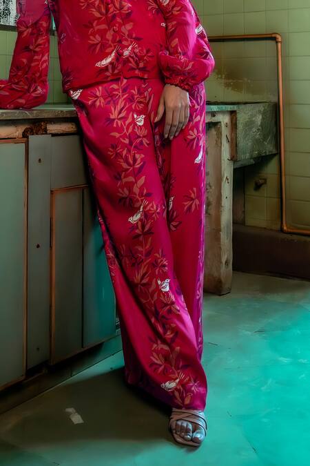 Amrood_Pink Satin Embroidery Collared Floral Pattern Shirt Pant Set _Online_at_Aza_Fashions