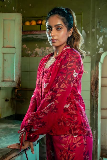 Shop_Amrood_Pink Satin Embroidery Collared Floral Pattern Shirt Pant Set _Online_at_Aza_Fashions