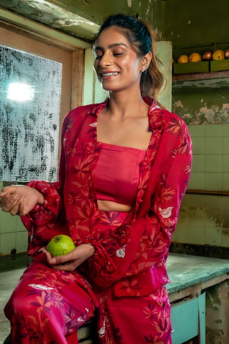 Amrood_Pink Satin Embroidery Collared Floral Pattern Shirt Pant Set _at_Aza_Fashions