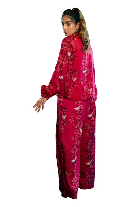 Amrood_Pink Satin Embroidery Ruby Floral And Bird Print Shirt For Kids_Online_at_Aza_Fashions