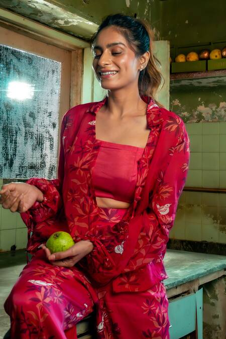 Shop_Amrood_Pink Satin Embroidery Ruby Floral And Bird Print Shirt For Kids_Online_at_Aza_Fashions