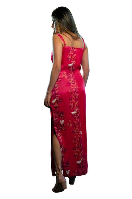 Buy_Amrood_Pink Silk, Satin Embroidery Square Neck Floral Pattern Tie-up Strap Dress _Online_at_Aza_Fashions