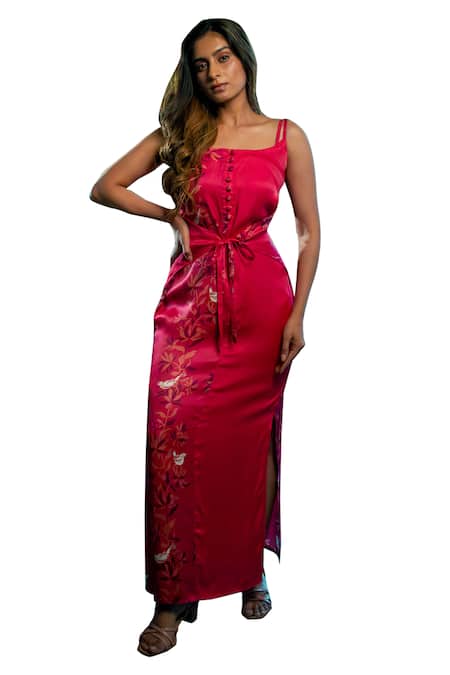 Shop_Amrood_Pink Silk, Satin Embroidery Square Neck Floral Pattern Tie-up Strap Dress _Online_at_Aza_Fashions