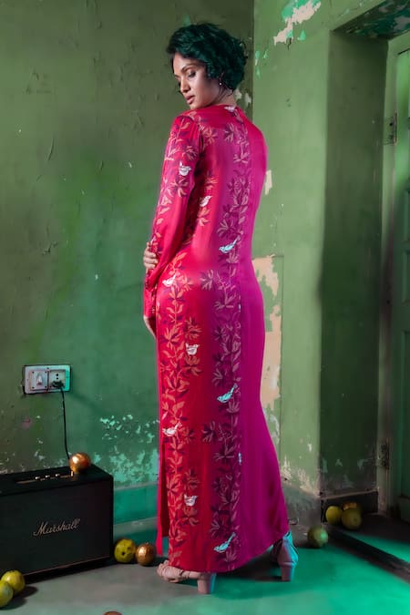 Shop_Amrood_Pink Satin Embroidery Button-down Neck Floral Pattern Tie-up Dress _at_Aza_Fashions