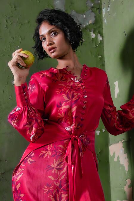 Amrood_Pink Satin Embroidery Button-down Neck Floral Pattern Tie-up Dress _Online_at_Aza_Fashions