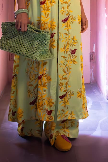 Amrood Green Maheshwari, Satin Embroidery Floral Pattern Front Open Kurta Pant Set Online at Aza Fashions Amrood_Green Maheshwari, Satin Embroidery Floral Pattern Front Open Kurta Pant Set _Online_at_Aza_Fashions