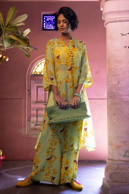Amrood Green Satin Embroidery High , Round Floral Pattern Sheer Kurta Pant Set Online at Aza Fashions Amrood_Green Satin Embroidery High , Round Floral Pattern Sheer Kurta Pant Set _Online_at_Aza_Fashions