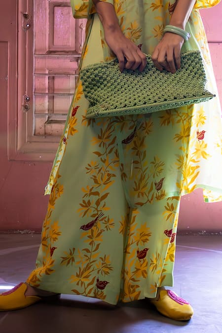 Shop Amrood Green Satin Embroidery High , Round Floral Pattern Sheer Kurta Pant Set Online at Aza Fashions Shop_Amrood_Green Satin Embroidery High , Round Floral Pattern Sheer Kurta Pant Set _Online_at_Aza_Fashions