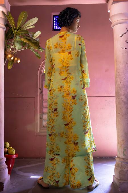 Shop_Amrood_Green Satin Embroidery Button-down Neck Floral Pattern Sheer Kurta _at_Aza_Fashions