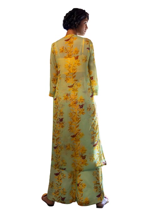Shop_Amrood_Green Satin Embroidery Button-down Neck Floral Pattern Sheer Kurta _Online_at_Aza_Fashions