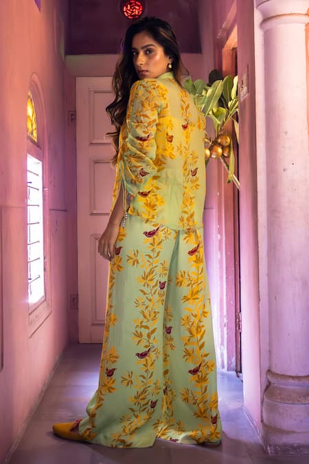 Shop_Amrood_Green Bandeau Neck, Collared Floral Bird Print Co-ord Set _at_Aza_Fashions