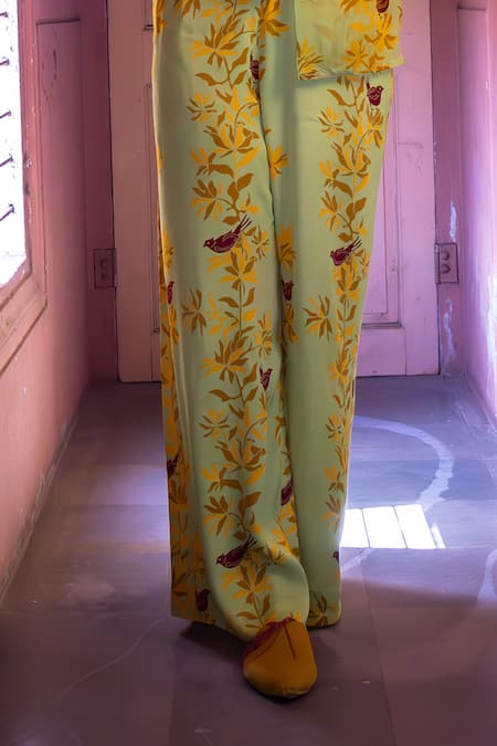 Amrood_Green Bandeau Neck, Collared Floral Bird Print Co-ord Set _Online_at_Aza_Fashions