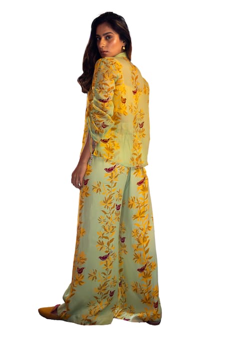 Shop_Amrood_Green Bandeau Neck, Collared Floral Bird Print Co-ord Set _Online_at_Aza_Fashions