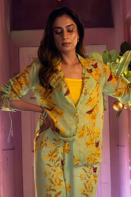 Buy_Amrood_Green Embroidery Collared Floral Patter Sheer Shirt _Online_at_Aza_Fashions