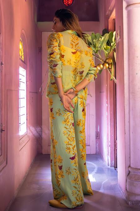 Shop_Amrood_Green Embroidery Collared Floral Patter Sheer Shirt _Online_at_Aza_Fashions