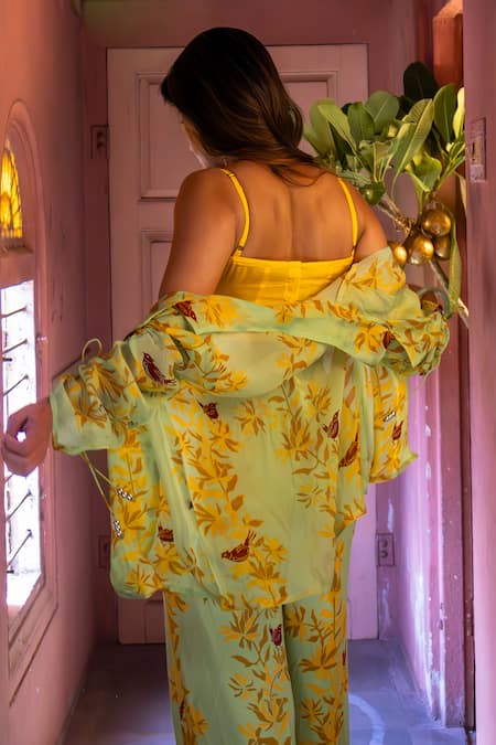 Amrood_Green Embroidery Collared Floral Patter Sheer Shirt _at_Aza_Fashions