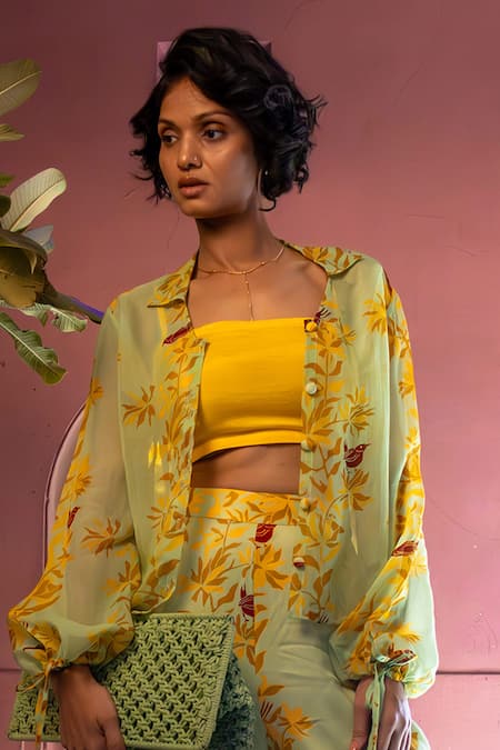 Amrood_Green Satin Embroidery Collared, Square Neck Floral Button Down Shirt Pant Set _Online_at_Aza_Fashions
