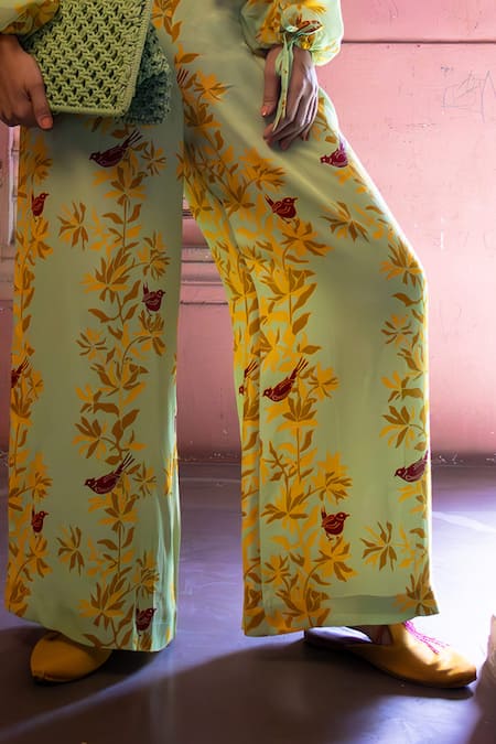 Buy_Amrood_Green Satin Embroidery Collared, Square Neck Floral Button Down Shirt Pant Set _Online_at_Aza_Fashions