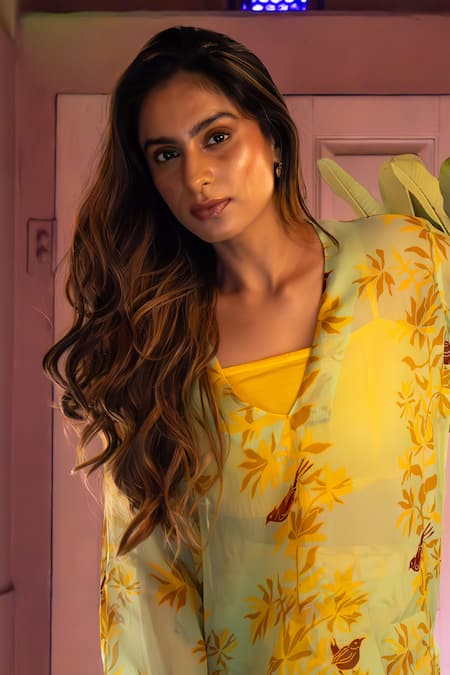 Amrood_Green Satin Embroidery V-neck Floral Pattern Sheer Tunic Pant Set _at_Aza_Fashions