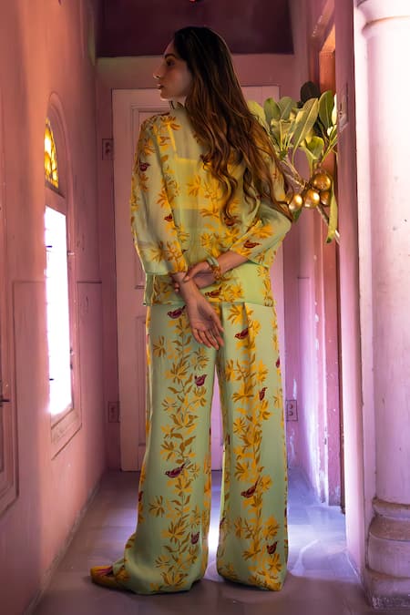 Shop_Amrood_Green Satin V-neck Floral Patter Sheer Tunic _at_Aza_Fashions