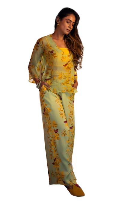 Amrood_Green Satin V-neck Floral Patter Sheer Tunic _Online_at_Aza_Fashions
