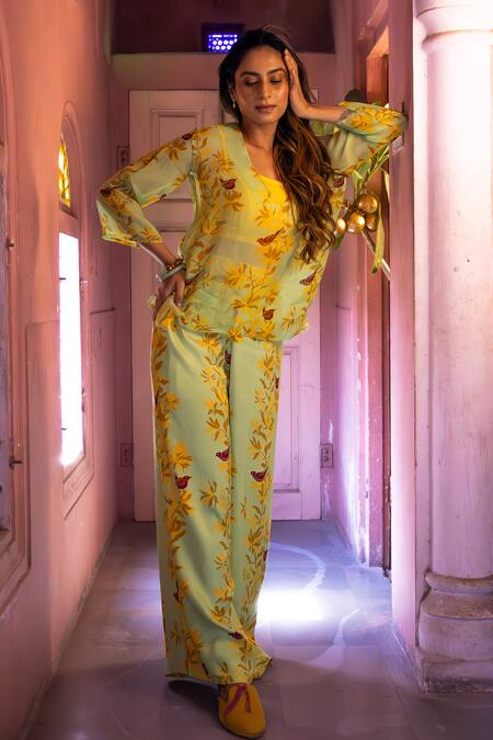 Buy_Amrood_Green Satin V-neck Floral Patter Sheer Tunic _Online_at_Aza_Fashions
