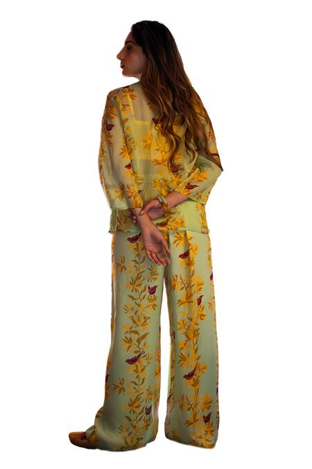 Amrood_Green Satin V-neck Floral Patter Sheer Tunic _at_Aza_Fashions