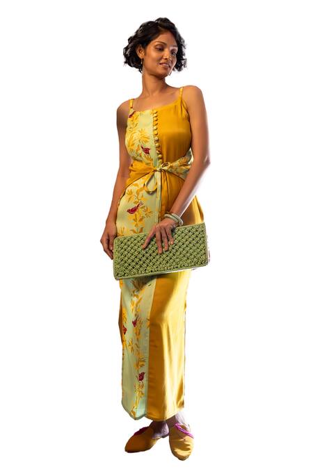 Shop Amrood Green Satin Embroidery Square Neck Floral Pattern Strappy Dress Online at Aza Fashions Shop_Amrood_Green Satin Embroidery Square Neck Floral Pattern Strappy Dress _Online_at_Aza_Fashions