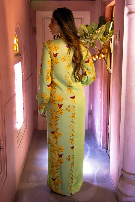 Shop_Amrood_Green Satin High Neck Floral Pattern Maxi Dress _at_Aza_Fashions