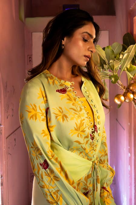 Amrood_Green Satin High Neck Floral Pattern Maxi Dress _Online_at_Aza_Fashions