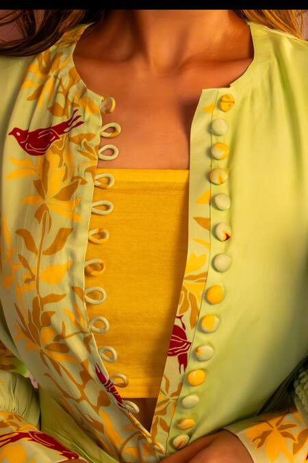 Buy_Amrood_Green Satin High Neck Floral Pattern Maxi Dress _Online_at_Aza_Fashions