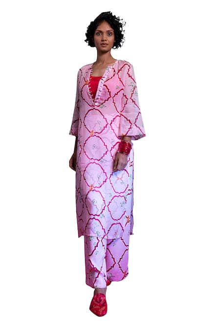Shop Amrood Pink Maheshwari, Satin Embroidery Round Neck Floral Jaal Pattern Kurta Pant Set Online at Aza Fashions Shop_Amrood_Pink Maheshwari, Satin Embroidery Round Neck Floral Jaal Pattern Kurta Pant Set _Online_at_Aza_Fashions