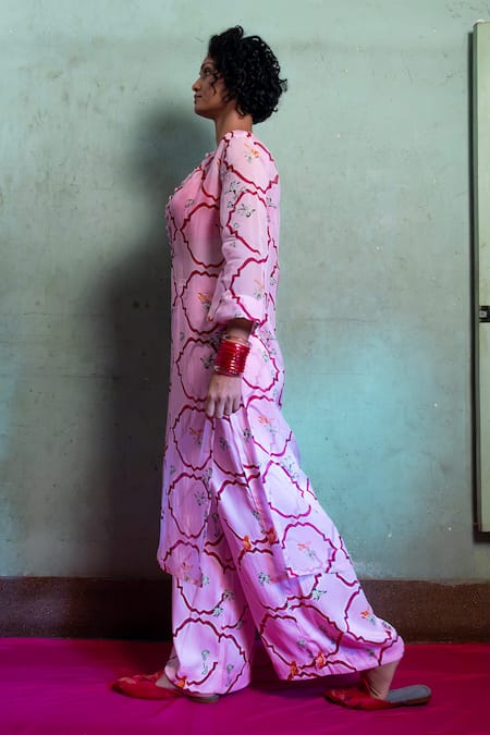 Shop_Amrood_Pink Satin Embroidery Round Neck Floral Jaal Pattern Kurta _Online_at_Aza_Fashions