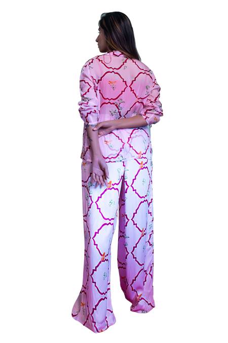 Amrood Pink Satin Embroidery Collared, Round Neck Floral Jaal Pattern Shirt Pant Set at Aza Fashions Amrood_Pink Satin Embroidery Collared, Round Neck Floral Jaal Pattern Shirt Pant Set _at_Aza_Fashions