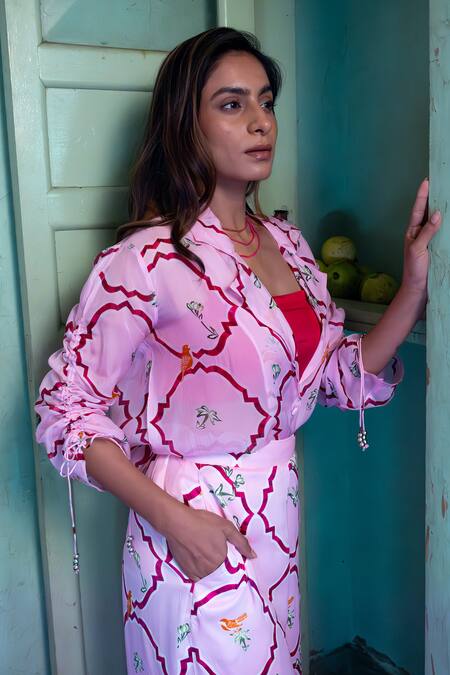 Shop Amrood Pink Satin Embroidery Collared, Round Neck Floral Jaal Pattern Shirt Pant Set Shop_Amrood_Pink Satin Embroidery Collared, Round Neck Floral Jaal Pattern Shirt Pant Set