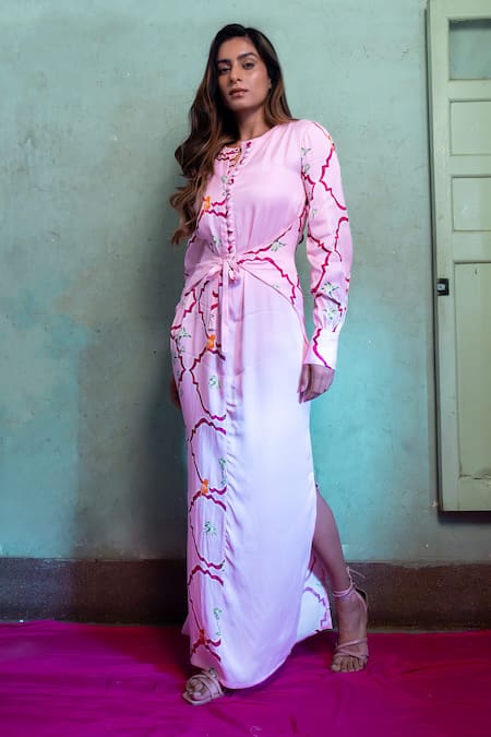 Amrood Pink Malai Satin Floral Jaal Round Pattern Slit Dress 