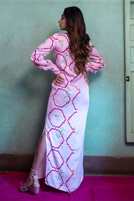 Shop_Amrood_Pink Satin Embroidery Round Neck Floral Jaal Pattern Slit Dress _at_Aza_Fashions