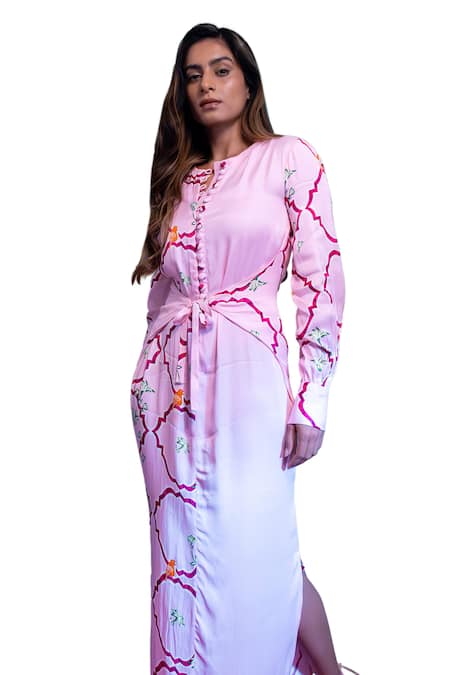 Amrood_Pink Satin Embroidery Round Neck Floral Jaal Pattern Slit Dress _Online_at_Aza_Fashions